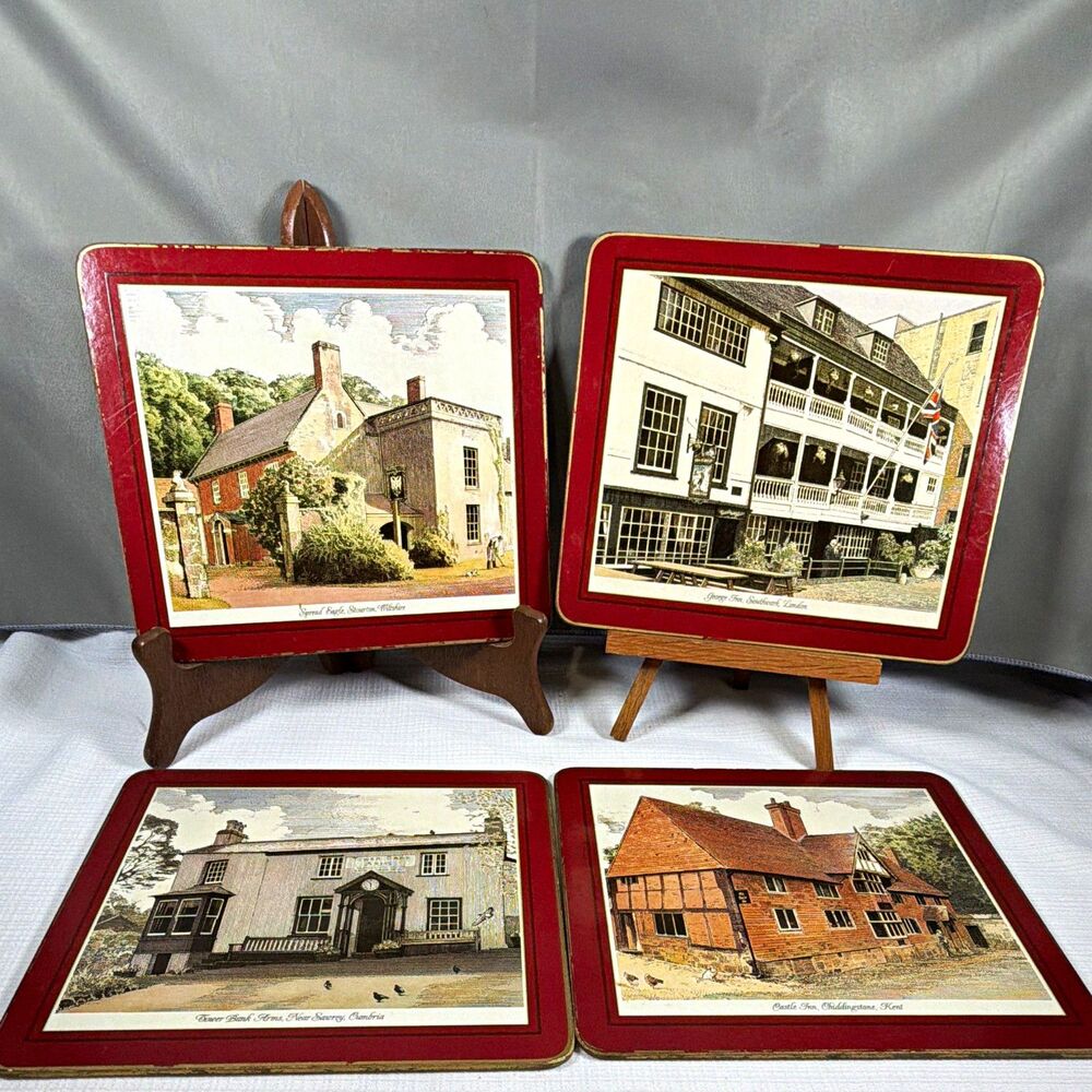 Vintage Pimpernel Old English Inns Cork Backed Placemats Red Border Set of 4